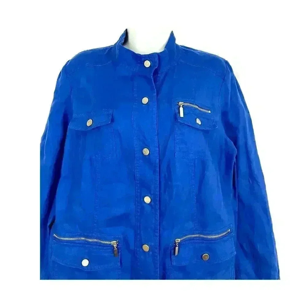 Chico’s‎ Cobalt Blue Jacket Shacket Sz 1 100% Linen Women's High Neck - Picture 6 of 16